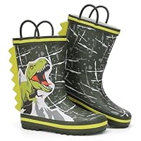 FUNCOO PLUS Toddler Rain Boots Kids Waterproof Rubber Boots for Boys and Girls with Handles in Fun Pattern,Green Tyrannosaurus,Little Kid Size 11