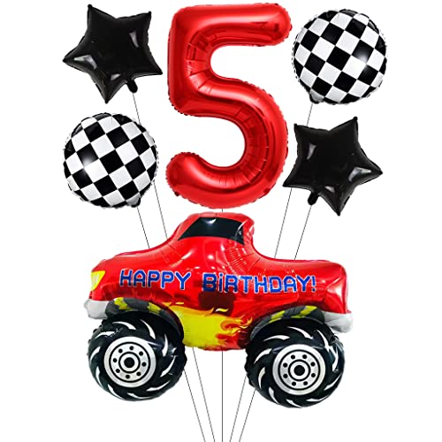 Liitata Car Party Balloons Giant Race Car Balloon 5th Race Truck Birthday Decor Red Number 5 Foil Balloon Checkered Flag Balloons Star Balloon for Boy Birthday Party Theme Party