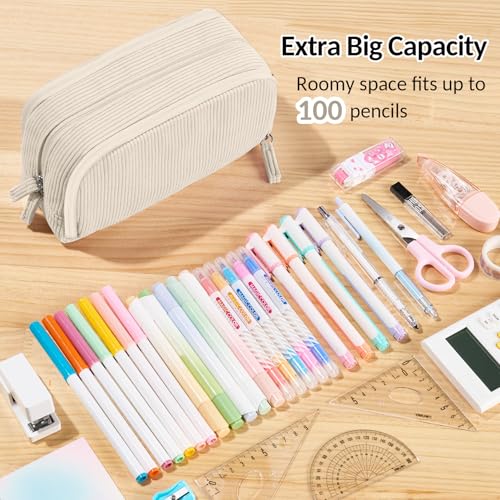 Image of Sooez Big Capacity Pencil Case Pen Pouch, Soft Corduroy Pencil Bag with 3 Compartment, Multiple Pockets, Sturdy Zipper, Cute School Supplies Pen Bag Organizer For Teen Girls College, Beige