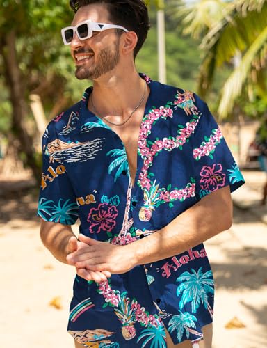 Image of Yoimira Hawaiian Shirts for Men, Print Mens Casual Short Sleeve Button Down Shirts Floral Aloha Beach Shirt