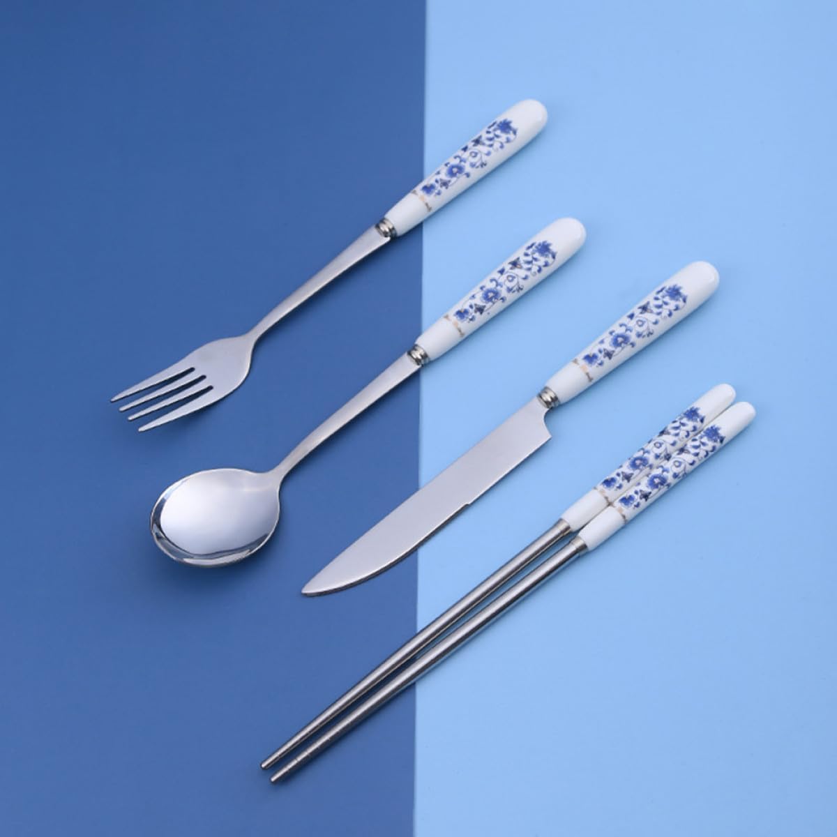 Artibetter Blue and White Porcelain Flatware Set 4pcs Tableware with Fork, Spoon, Chopsticks, Knife – Reusable Household Dinnerware for Home Dining and Kitchen Use