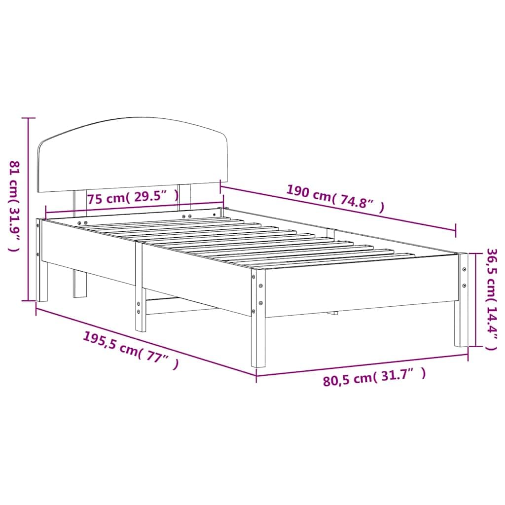 Lite drewno sosnowe z zagłówkiem Biały 75x190 cm 19.84 | Rama łóżka bez materaca biała 75x190 cm lite drewno sosnowe z zagłówkiem listwy ze sklejki do sypialni mocna konstrukcja