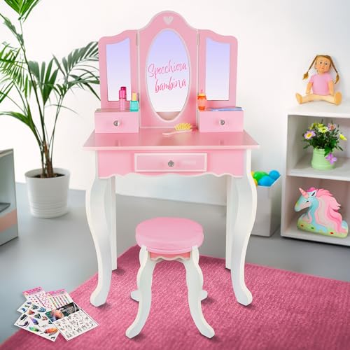 Kinderplay Green Toeletta Trucco Bambina in Legno – Specchiera con 3 Cassetti e Sgabello – Specchi in Plexiglass Infrangibile – Piano 60 x 38 cm – Set Beauty Rosa