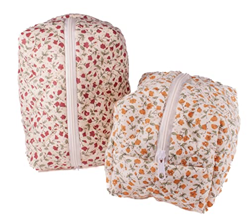 Floral Cotton Quilted Makeup Bag, Toiletries Bag, Cosmetics Organizer, Skincare Bag, Pencils Pens Case, Drawing Tools Pouch, Paintbrushes Case, Travel Case, Small Size, Cute Luxury (Red Flowers) #TOP4