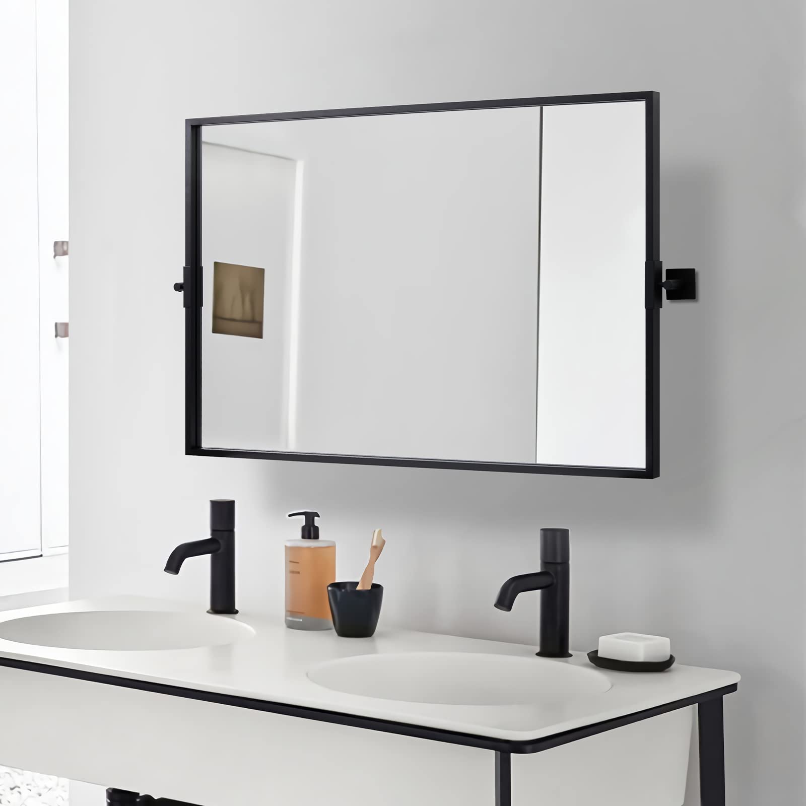 ANDY STAR 24x36 Black Pivot Mirror, Metal Framed Tilting Mirror for Bathroom, Rectangle Pivoting Mirror Farmhouse Vanity Mirrors for Wall Horizontal Only(Overall 24" x 39.75")