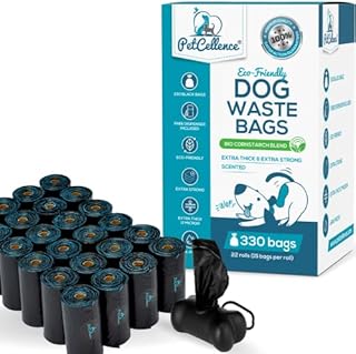 PetCellence Biodegradable Dog Poo Bags - 330 Poop Bags / 22 Rolls - Cornstarch Blend Extra Thick & Strong, 100% Leak Proof with Poo Bag Dispenser