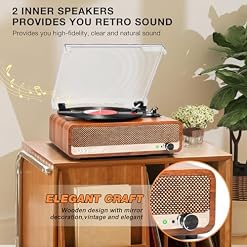 Vinyl Record Player with Speakers,3 Speed Turntable with Latest Bluetooth 5.3, Aux Input, Headphone Jack, RCA Output and Auto Stop, Mirror Vintage Wooden Brown - Les Beatles, Paul McCartney, John Lennon, RIngo Starr, George Harrison Vinyl Record Player with Speakers,3 Speed Turntable with Latest Bluetooth 5.3, Aux Input, Headphone Jack, RCA Output and Auto Stop, Mirror Vintage Wooden Brown – Image 2
