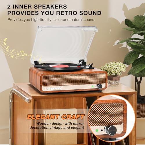 Image of Vinyl Record Player with Speakers,3 Speed Turntable with Bluetooth 5.3, Aux Input, Headphone Jack, RCA Output and Auto Stop, Mirror Vintage Wooden Brown