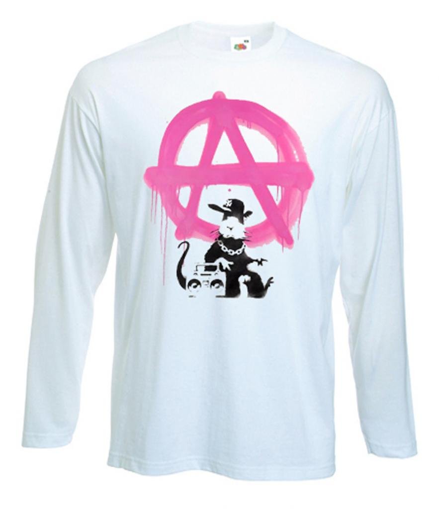 Tribal T-Shirts Mens Banksy Anarchy Rat Long Sleeve T-Shirt (Small, White)