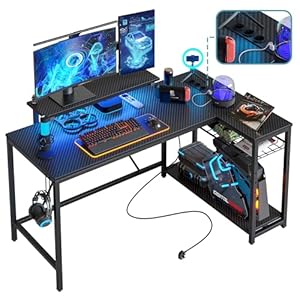 132 cm L-förmiger Schreibtisch mit Steckdosen & LED-Beleuchtung, umkehrbarer Eckschreibtisch mit Regalen, großer PC-Arbeitsplatz mit Haken für Home Office und Schlafzimmer