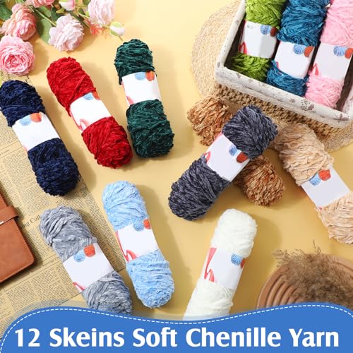 Image of Timgle 12 Pack Chenille Yarn for Crocheting, Soft Velvet Yarn 1312 Yards, 3 mm Thick Fluffy Plush for Hand Knitting Weaving Sweater Shawl Scarf Gloves DIY Craft, 109 Yards Each(Multicolor)