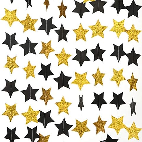 WEVEN Gold Glitter and Black Star Paper Garland, Twinkle Star Banner Hanging Party Decorations, 3" in Diameter, 20 Feet in Total Cover
