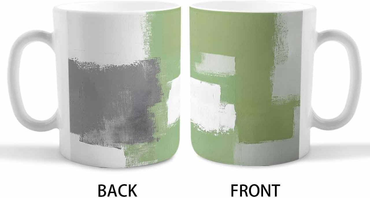 BEMIGO Ceramic Coffee Mug Spring Ceramic Mug White Cup, Sage Green Grey Graffiti Insulated Coffee Cup with Handle with Pattern Perfect for Tea and Hot Beverages, 12oz