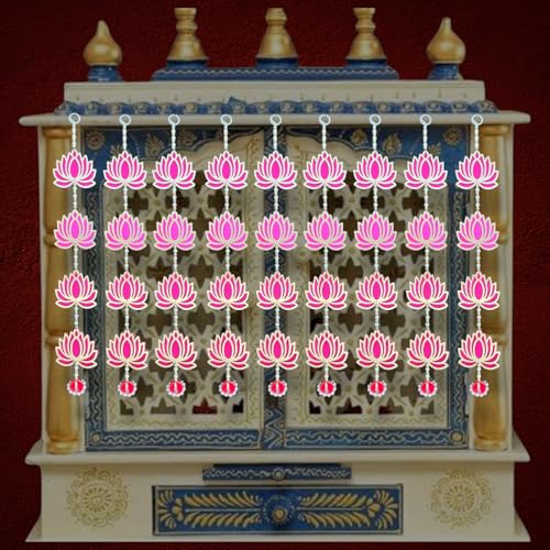 Image of Rajasthan Kraft Pink Lotus Long Hanging Decoration with Red Moti Topi | Pack of 4 (21 x 3 Inch) | Elegant Wall & Door Decor for Diwali, Navratri & Pooja(RK-36501-4).
