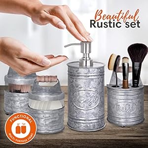Autumn Alley Rustic Bathroom Accessories Set 4 Galvanized Soap Dispenser Rustic Toothbrush Holder 2 Apothecary Jars Qtip Holder Rustic Bathroom Decor–Farmhouse Bathroom Accessories