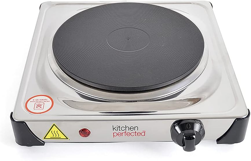 Kitchen Perfected 1500W Single Hotplate / Cast Iron / Variable Heat Settings / Overheat Protection / Corrosion Resistant / Power Indicator / Non Slip Feet / Easy Clean - Polished Steel - E4103SS