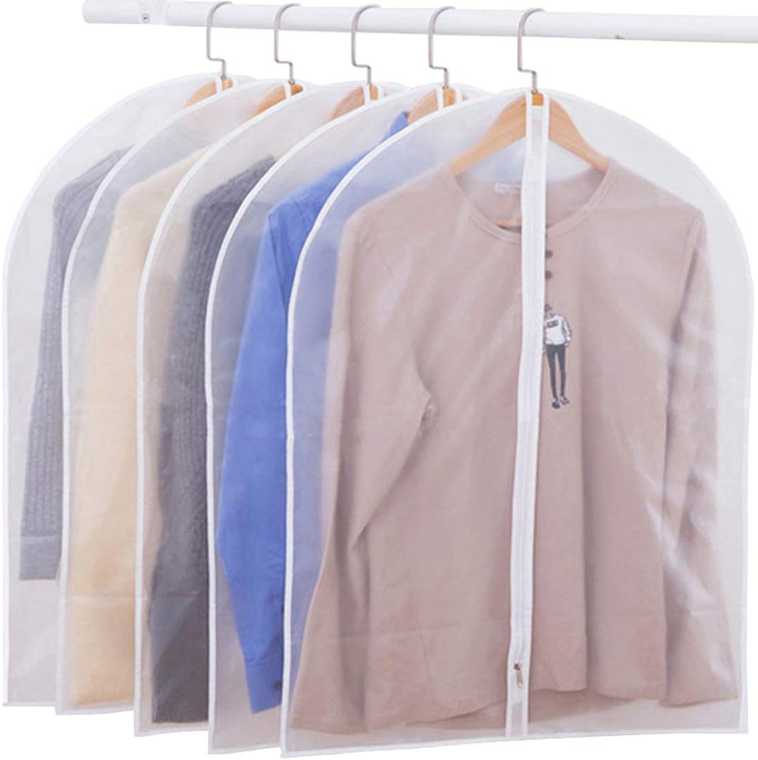 LeLehome 24 Inch X 40 Inch Set of 5 Dustproof See-Through Travel Garment Suits Covers, Clear Waterproof Clothes Organizer Dress Hanging Zipper Bags Protector