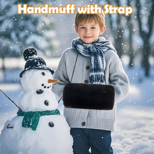 SwirlColor Handmuff Kunstpelz Muff für Warme Hände mit Tasche Riemen Schwarz Muff Handwärmer Kinder