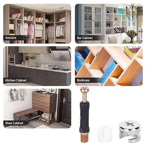 Greys Minifix Cam Lock, Bush, Rotor Screw, Wooden Dowel and White Cover Cap Connector Set (10 Sets) | Furniture Connector Fitting | Zinc Alloy Connector for Wardrobe, Cabinet, Modular Furniture 4