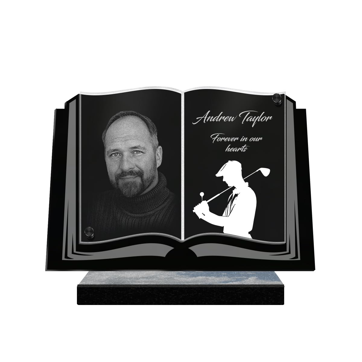 ETERNEL - Personalized Funeral Plaque Book Golf Photo and Customizable Text, laser-engraved funeral plaque for tribute, memorial plaque, cemetery, mourning, funerals