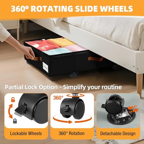 Image of Under Bed Storage with Wheels,Underbed Storage with Sturdy Sidewalls /Bottom, Clear Cover, Label and PU Handle, Rolling Under Bed Drawers for Clothes, Shoes, 6.5 Inch Height,Black, 4 Pack