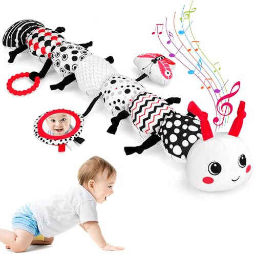 Image of Baby Toys 0-12 Months - Musical Caterpillar Stuffed Animal Soft Plush Toys for Infant Girls Boys 3 6 12 Months Tummy Time Sensory High Contrast Black White Newborn Toys Gifts, W/ Mirror Rattle