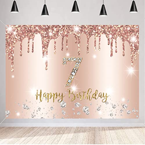 Happy 7th Birthday Decorations Backdrop Banner for Girls Happy 7 Years Old Fabric Sign Poster Gilr Birthday Rosegold Photography Background 7th Birthday Party Supplies, 150x90cm