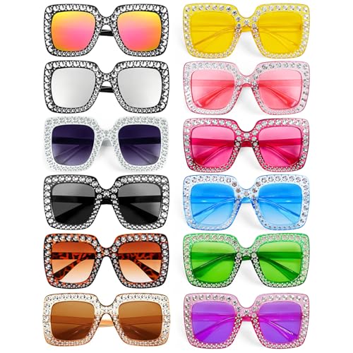 Pibupibu 12 Pack 70s Disco Party Rhinestone Sunglasses Bulk Oversized Square Crystal Glasses for Women