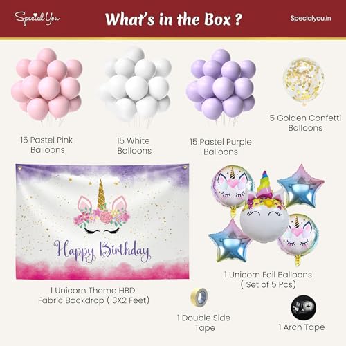Image of SpecialYou.in Unicorn Birthday Decoration Kit For Girls With Foil Balloon Set, Unicorn Pastel Backdrop For Decor And Purple, Pink, White Balloons, Birthday Decor- 54 Items, 54 Pcs