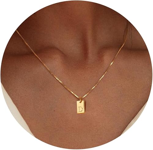 Gold Initial Necklaces for Women Non Tarnish, 14K Gold Dainty Square Letter Pendant Necklace Waterproof A-Z Trendy Thin Chain Name Necklace