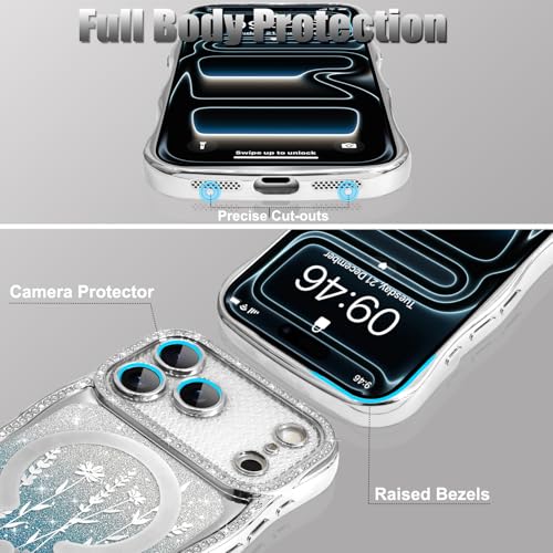 Coque iPhone 17 Pro antichoc transparente paillettes et fleurs MagSafe