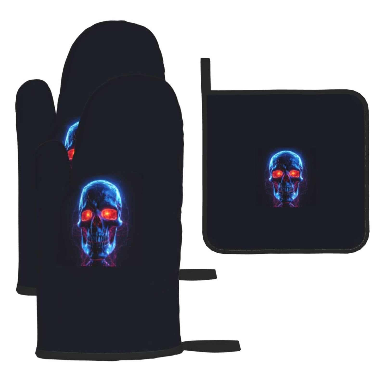 Halloween Skull Print Oven Mitts Kitchen Gloves Set Everyday Baking Grilling Microwaving Cooking Gift