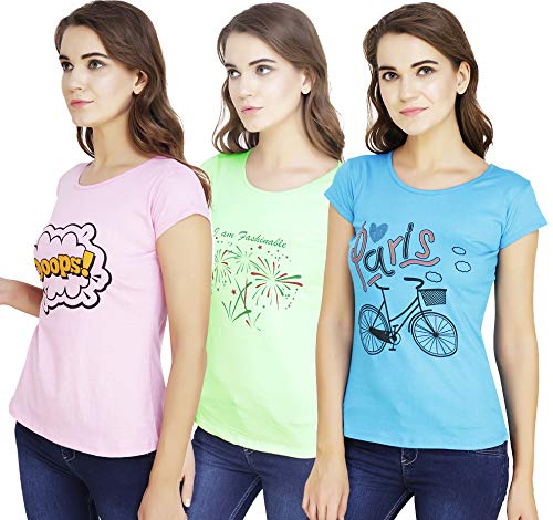 Image of MODISH women's round neck cap sleeve printed cotton t-shirts combo of 3 t-shirts