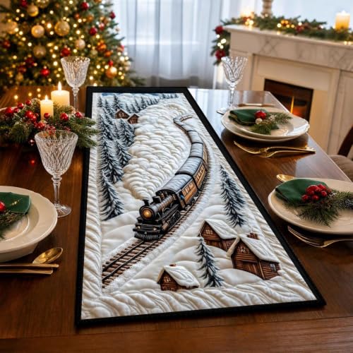 2D Christmas Table Runner&Steams Train Snow Pines Trees Sign, Table Decor - image 5