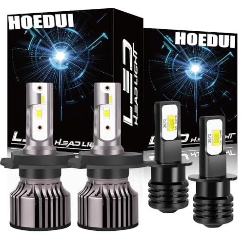 HOEDUI Fit For Honda Pilot 2003-2005 Headlight Bulbs, 9003/H4 High/Low Beam and H3 Fog Bulbs Combo Light Bulbs with Fan,Plug and Play, 6000K Cool White, 500% Super Bright,IP68, Pack of 4