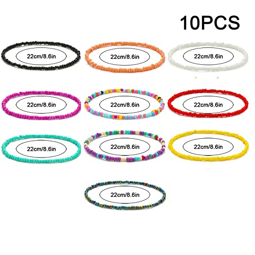 Vflowee Summer Ankle Bracelets For Women,Beach Beaded Anklet,African Anklet Bracelets,Seed Beads,Colorful,Elastic,Cute Anklets For Teen Girls (10Pcs) #TOP3