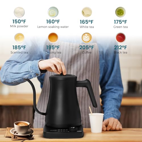 TUMIDY Electric Gooseneck Kettle Temperature Control 1L 8 Variable Presets Pour over Coffee Kettle, 1500W Rapid Heating, Stainless Steel Inner, Auto Shutoff Anti-dry Protection Matte Black - Thumbnail 2