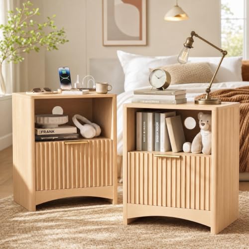 Image of Marsail Fluted Nightstand Set of 2, Wooden Nightstands with Drawers, Modern Bedside Table with Charging Station and Storage, End Table with Storage Side Table for Bedroom, Oak