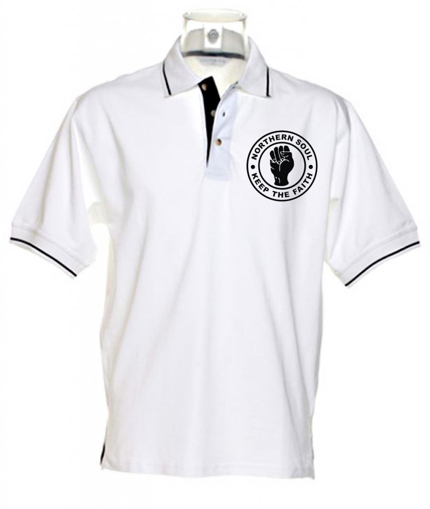 Tribal T-Shirts Northern Soul Keep The Faith Tipped Polo T-Shirt (Medium, White)