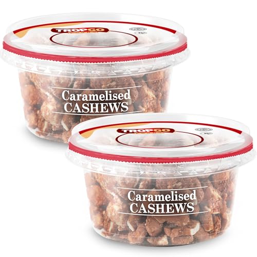 Tropgo Caramelised Cashews 180g - Pack of 2 - Sweet Nuts in a Resealable and Recyclable Nut Tub - Healthy Nuts Trail Mix with Fibre Protein and Essential Minerals