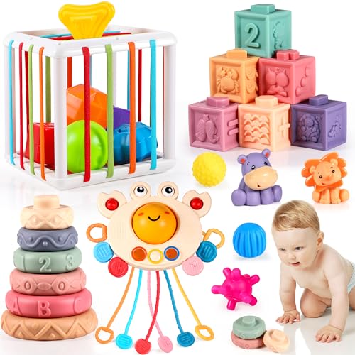 Image of Montessori Toys for Babies 6-12 Months, 6 in 1 Baby Toys 6 7 8 9 10 11 12-18 Months Include Sensory Bin Toy, Pull String Toy, Stacking Building Blocks,Sensory Toys for 1 2 Year Old Toddler Toys Gifts