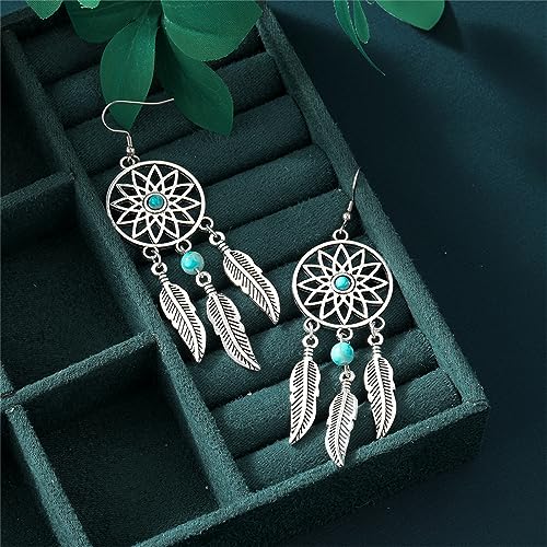 Blue Turquoise Dream Catcher Feather Earrings for Women Vintage Bohemian Western Jewelry Native American Indian Dream Catcher Feather Dangle Earrings3