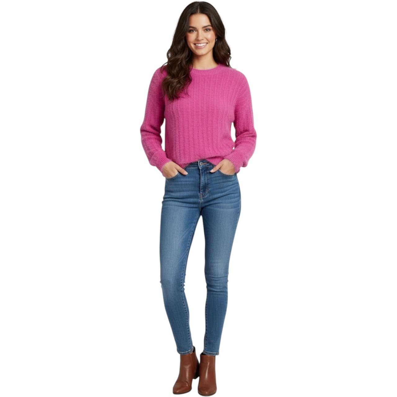 Women’s Pink Fluffy Knit Sweater S Crew Neck Soft Fuzzy Pullover Long Sleeve Warm Top-image-35