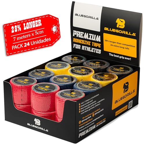 BLUEGORILLA Tapes Crosstraining 7m. x 5cm. Premium Weightlifting hook grip El mas Ancho y Resistente del Mercado. Packs de 24 Unidades de Colores Mixtos