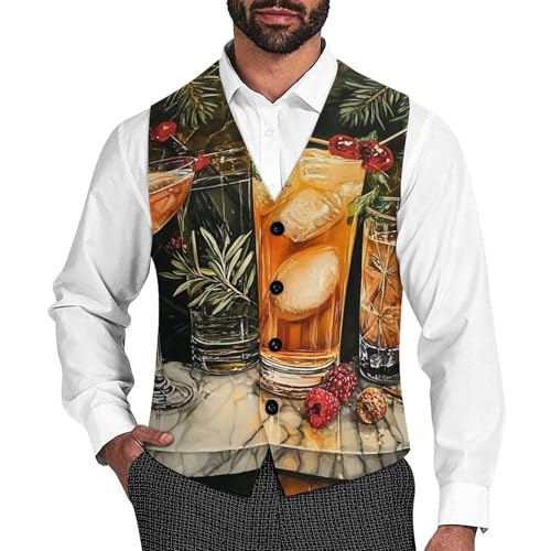 Cocktails Pattern Men's Suit Vest Slim Fit V-Ncek Waistcoat Business Casual Vest