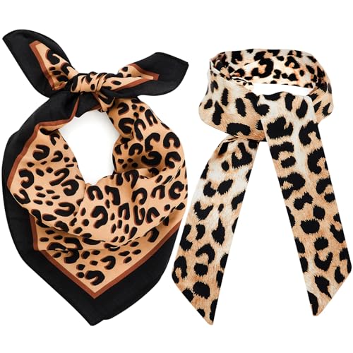 Coume 2 Pcs Leopard Scarf Include 27'' cheetah print & 78.7'' leopard print long silk scarf for Women