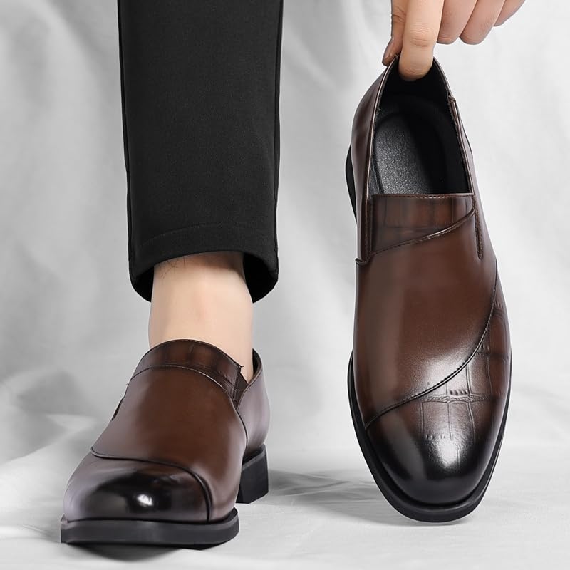 “Men's Leather Upper Slip - on Loafers, Classic Round Toe Business Formal Dress Shoes with Polished Toe Detailing and Low - Profile Heel”3