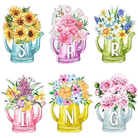 6 Pieces Spring Wood Block Signs, Free Standing Farmhouse Wooden Spring Table Centerpieces, Spring Decor Flowers Decor Tiered Tray Decorations, Watering Can Spring Signs Wall Pediments for Home Table Indoor Cover