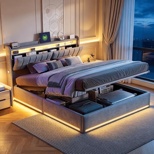BRILVERDE Cama Canapé 160x200 cm con Somier y LED RGB, Cama Doble con Cabecero Abatible, Compartimentos, USB y USB C, Bolsillos Laterales, Almacenaje Hidráulico, Gris, Terciopelo