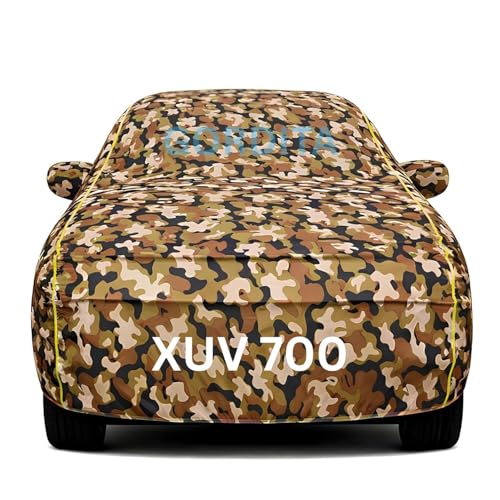 Image of Waterproof Car Body Cover for Xuv 700 All Weather Protection Comes with Inner Cotton Lining & Triple Stitched with Mirror & Antenna Pocket Belt & Elastic Fit Army with Yellow Piping2